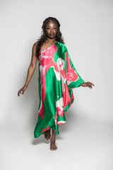 Green Pink Marble One Shoulder Kaftan Dress