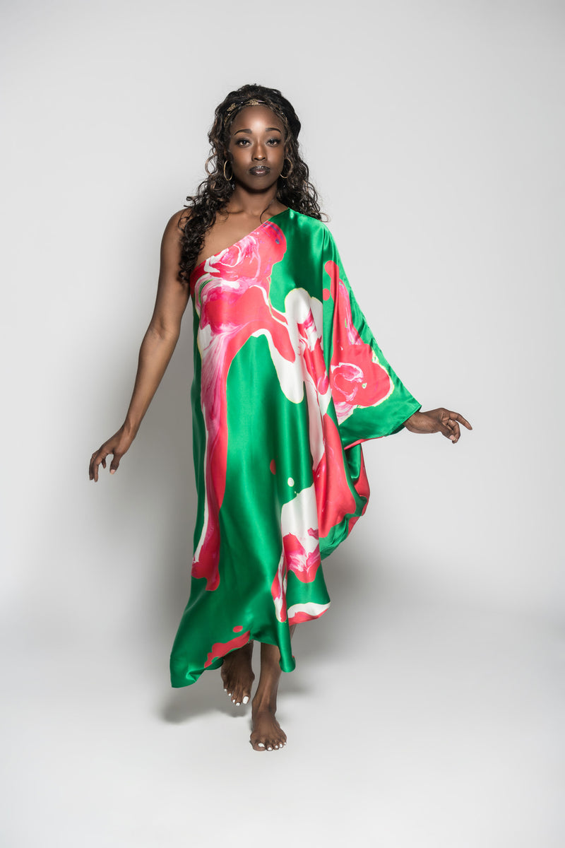 Green Pink Marble One Shoulder Kaftan Dress