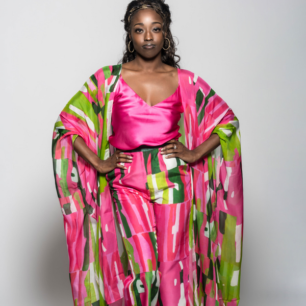 Pink Green Bamboo Kimono Duster