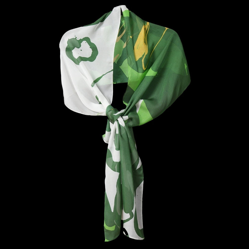 White Green Floral Stems Oblong Scarf