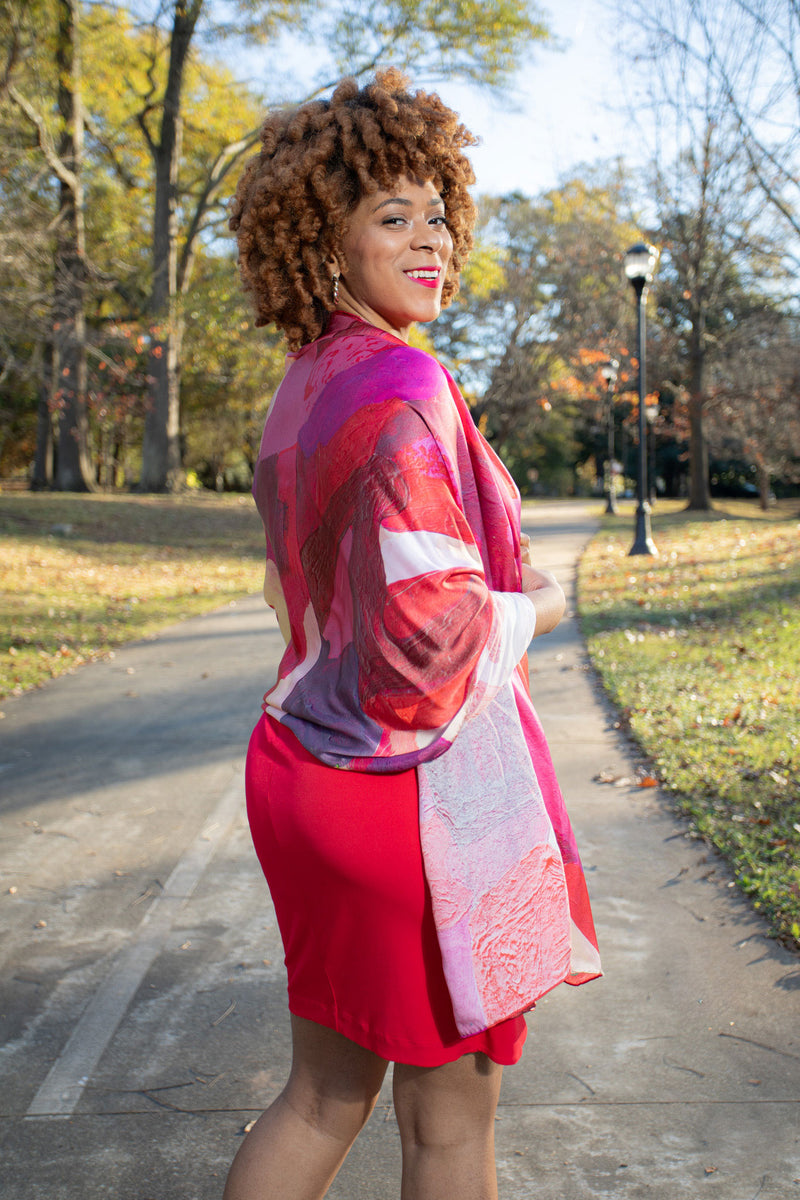 Red Burgundy Cream Abstract Blocks Wrap Scarf