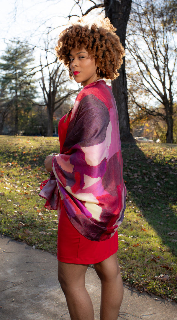 Red Burgundy Cream Abstract Blocks Wrap Scarf