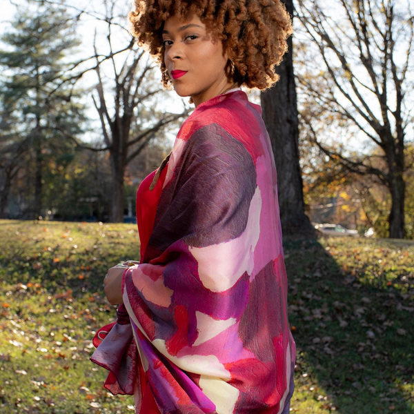 Red Burgundy Cream Abstract Blocks Wrap Scarf