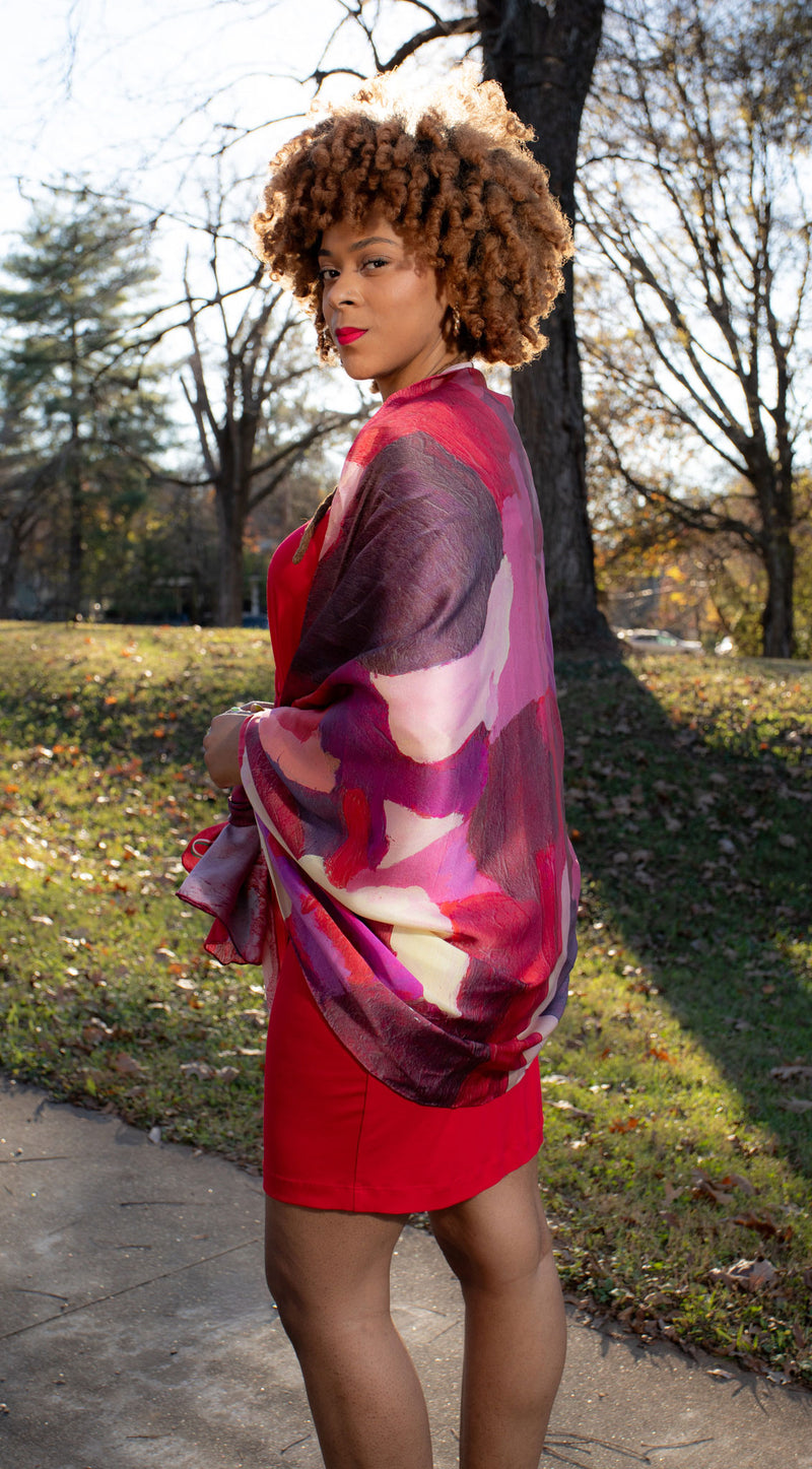 Red Burgundy Cream Abstract Blocks Wrap Scarf