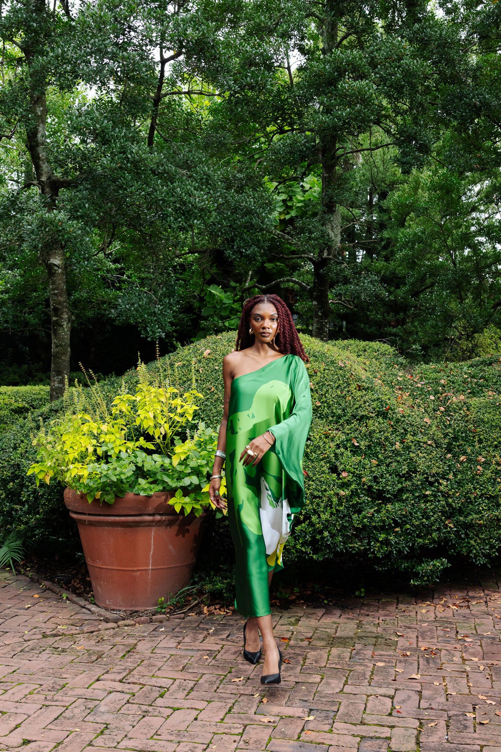chinese dress ladies Dark Green Organic II One Shoulder Kaftan Dress – Cedric Brown Collection