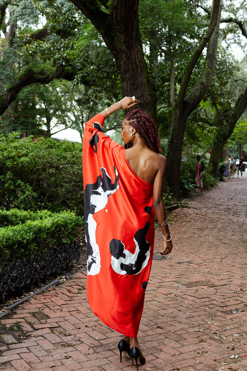 Red Black Marble One Shoulder Kaftan Dress