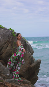 Green Pink White Dots and Stripes Bias Cut Strapless Dress