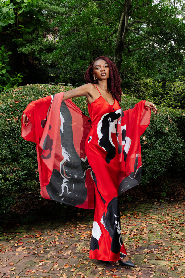 Red Black Marble Cape Kimono