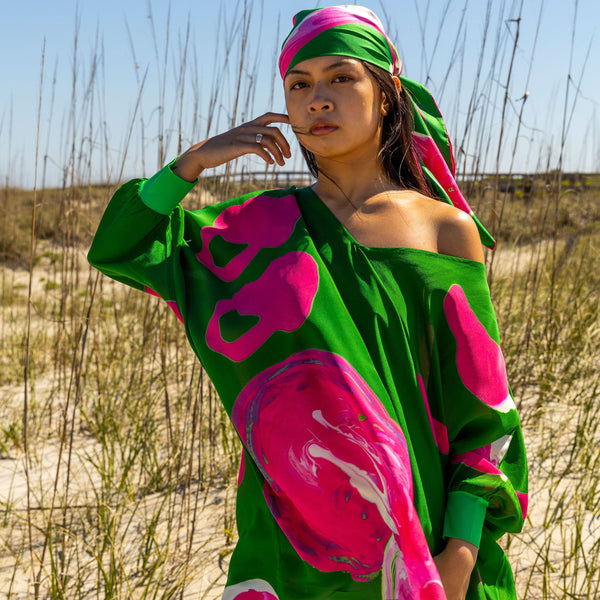 Green Pink Marble Kaftan Dress W/ Cuff