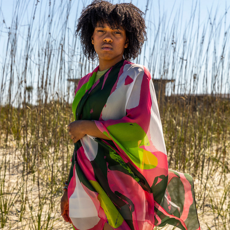 Pink Green Tropical Cape Kimono