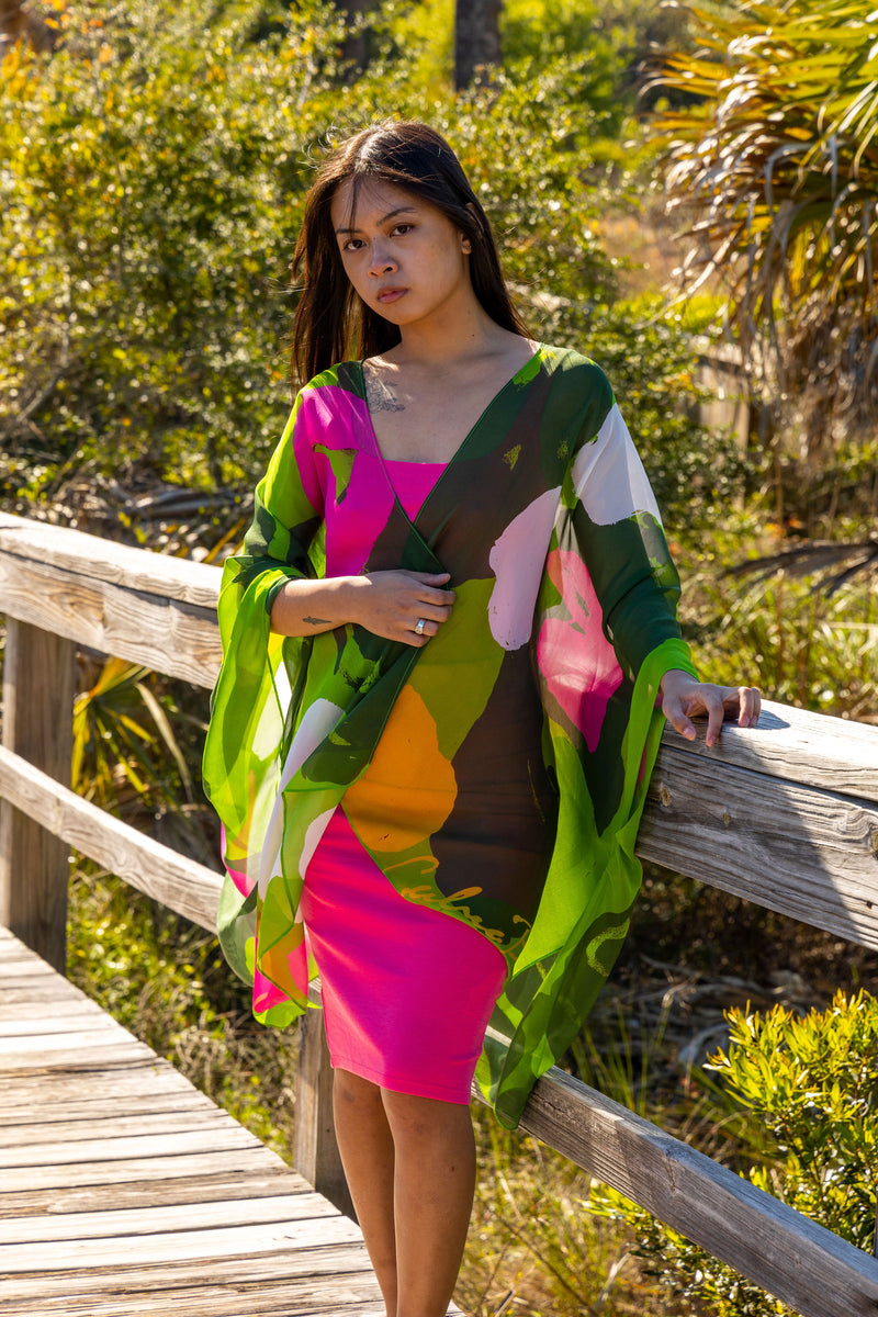 Green Pink Tropical Cape Kimono