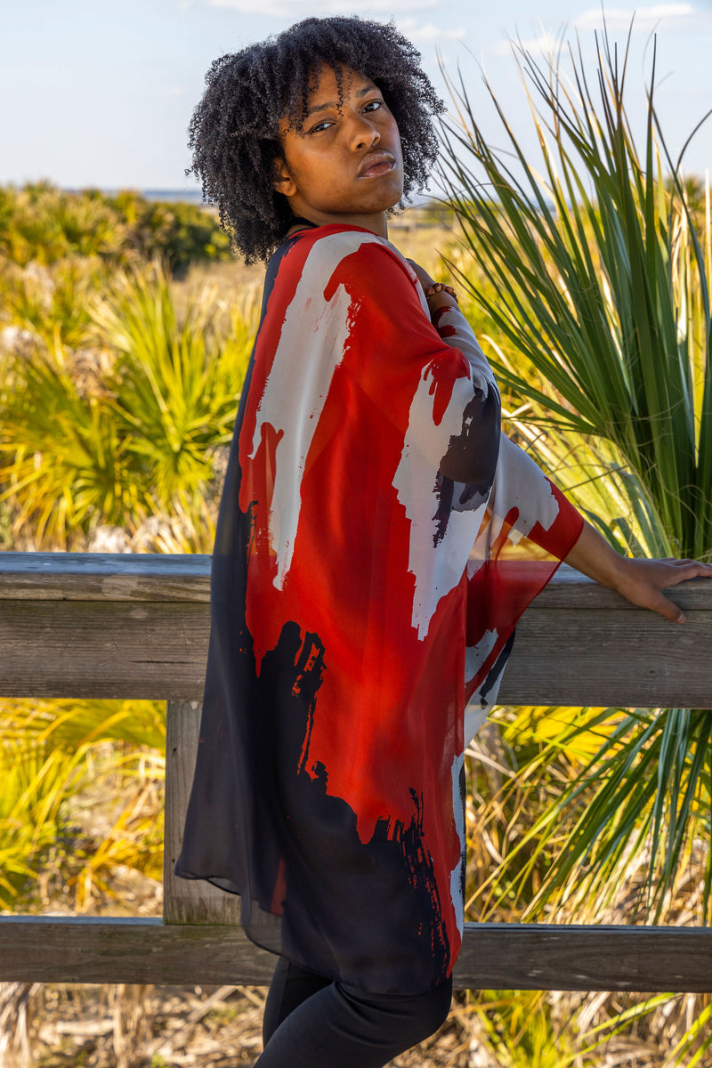 Red Black Navajo Cape Kimono